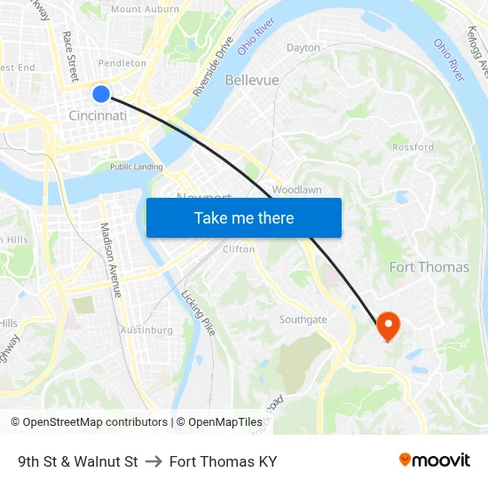 9th St & Walnut St to Fort Thomas KY map