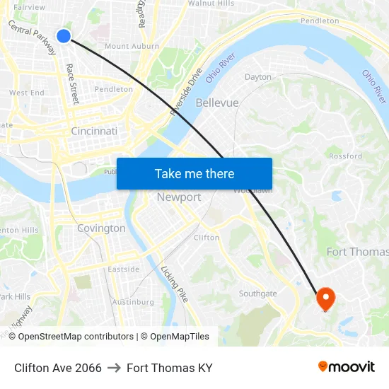 Clifton Ave 2066 to Fort Thomas KY map