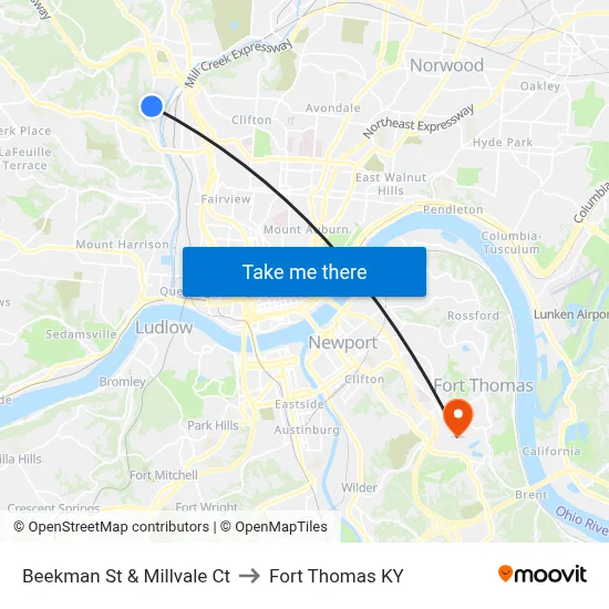 Beekman St & Millvale Ct to Fort Thomas KY map