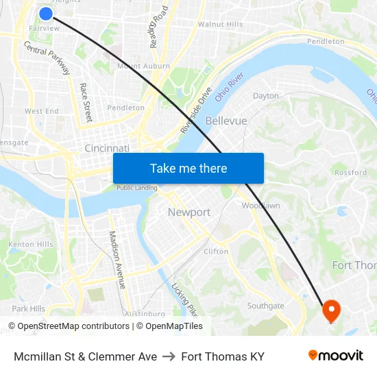 Mcmillan St & Clemmer Ave to Fort Thomas KY map