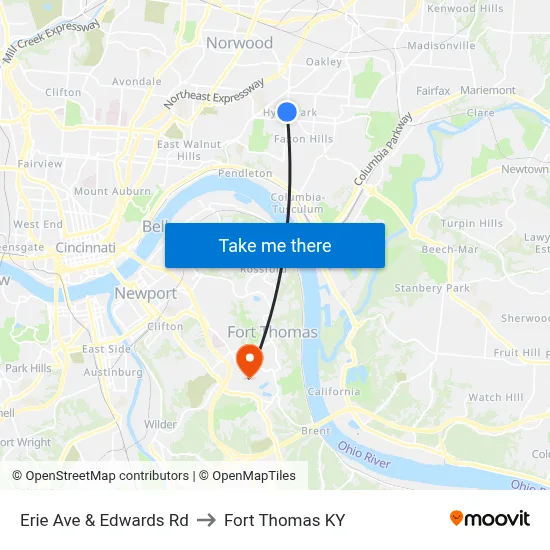 Erie Ave & Edwards Rd to Fort Thomas KY map