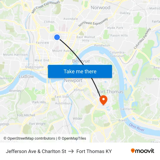 Jefferson Ave & Charlton St to Fort Thomas KY map