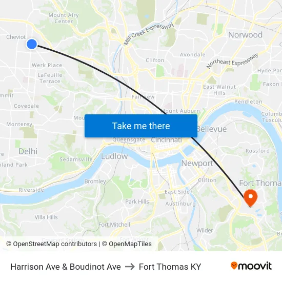 Harrison Ave & Boudinot Ave to Fort Thomas KY map
