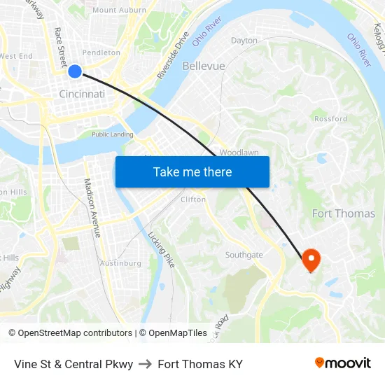 Vine St & Central Pkwy to Fort Thomas KY map