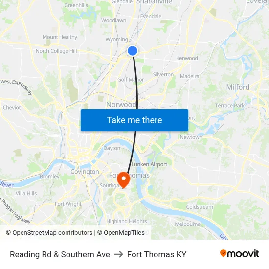 Reading Rd & Southern Ave to Fort Thomas KY map