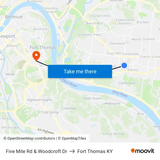 Five Mile Rd & Woodcroft Dr to Fort Thomas KY map