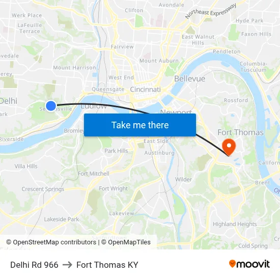 Delhi Rd 966 to Fort Thomas KY map
