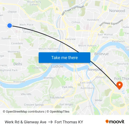 Werk Rd & Glenway Ave to Fort Thomas KY map