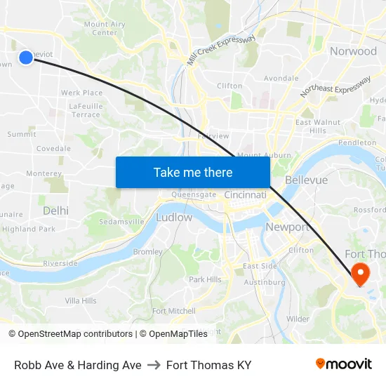 Robb Ave & Harding Ave to Fort Thomas KY map