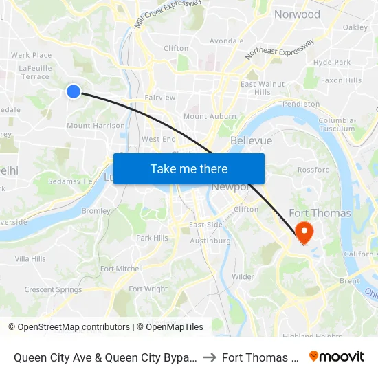 Queen City Ave & Queen City Bypass to Fort Thomas KY map
