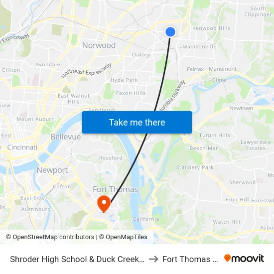 Shroder High School & Duck Creek Rd to Fort Thomas KY map