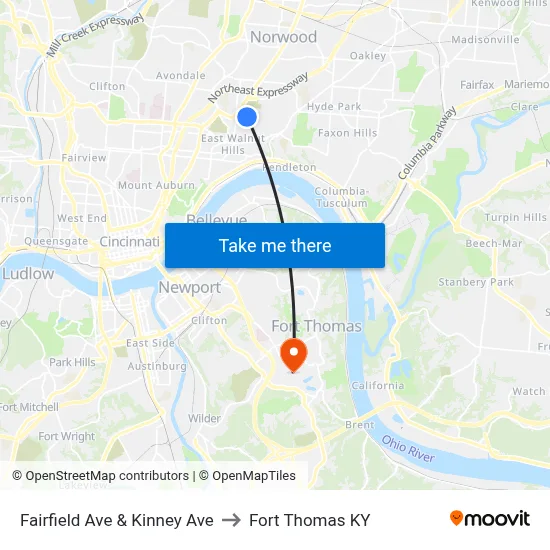 Fairfield Ave & Kinney Ave to Fort Thomas KY map