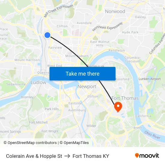 Colerain Ave & Hopple St to Fort Thomas KY map