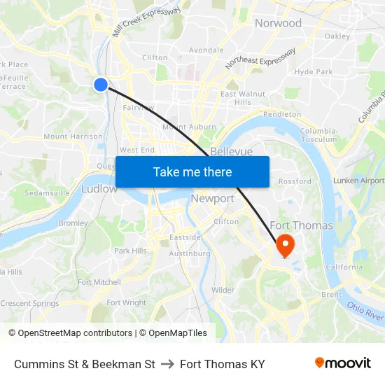 Cummins St & Beekman St to Fort Thomas KY map