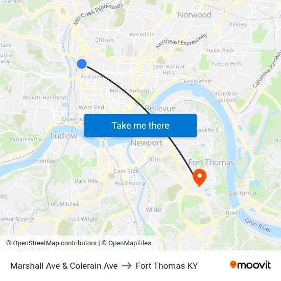 Marshall Ave & Colerain Ave to Fort Thomas KY map