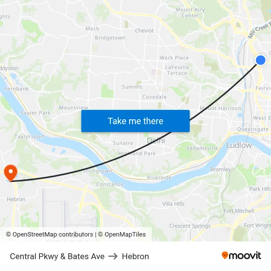 Central Pkwy & Bates Ave to Hebron map