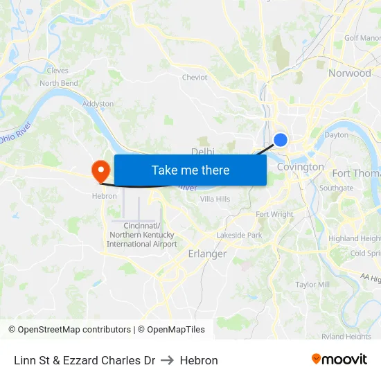 Linn St & Ezzard Charles Dr to Hebron map