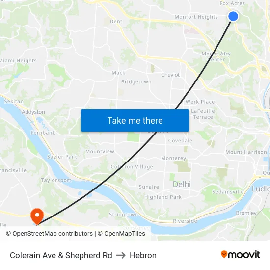 Colerain Ave & Shepherd Rd to Hebron map