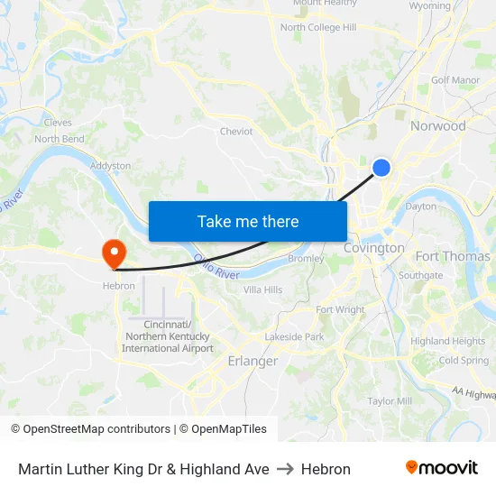 Martin Luther King Dr & Highland Ave to Hebron map