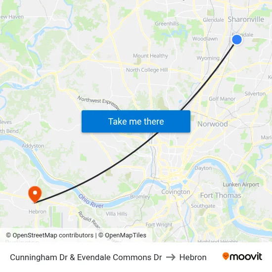 Cunningham Dr & Evendale Commons Dr to Hebron map