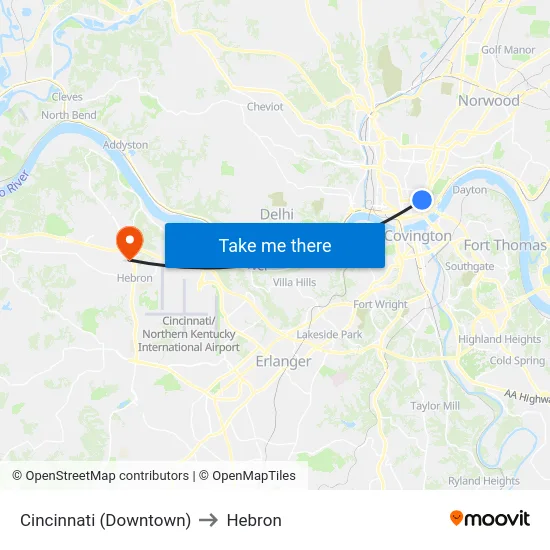 Cincinnati (Downtown) to Hebron map