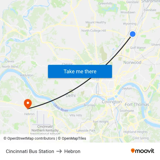 Cincinnati Bus Station to Hebron map