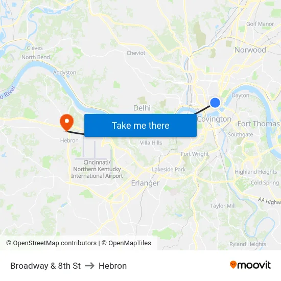 Broadway & 8th St to Hebron map