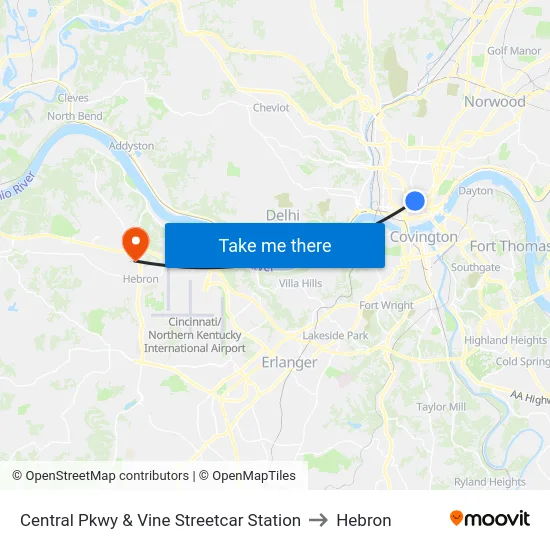 Central Pkwy & Vine Streetcar Station to Hebron map