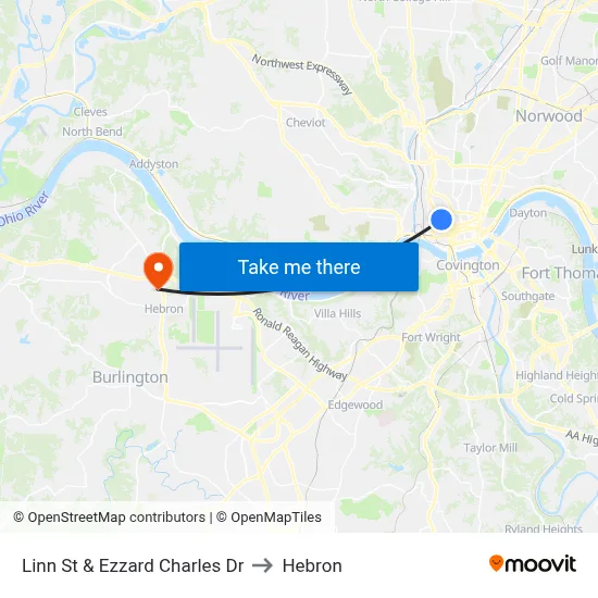 Linn St & Ezzard Charles Dr to Hebron map