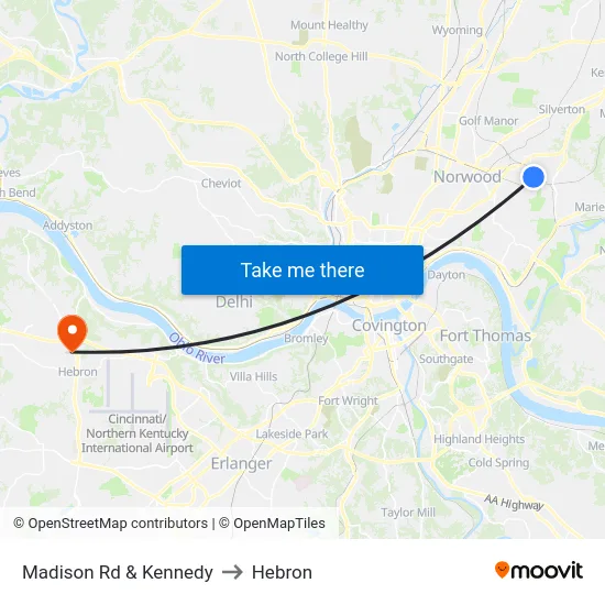 Madison Rd & Kennedy to Hebron map