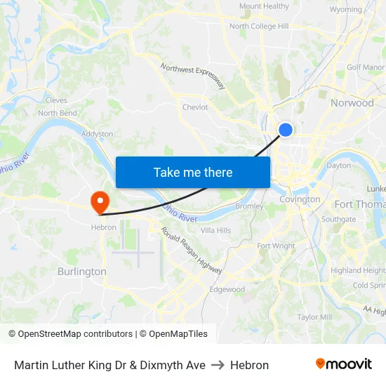 Martin Luther King Dr & Dixmyth Ave to Hebron map