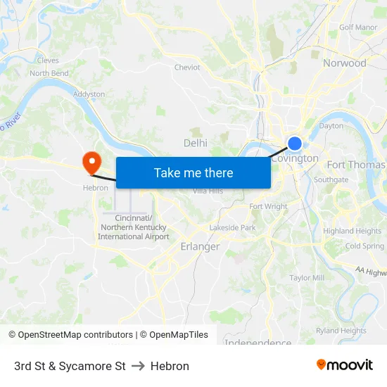 3rd St & Sycamore St to Hebron map