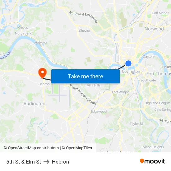 5th St & Elm St to Hebron map