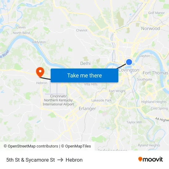 5th St & Sycamore St to Hebron map