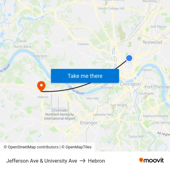 Jefferson Ave & University Ave to Hebron map