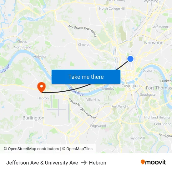 Jefferson Ave & University Ave to Hebron map