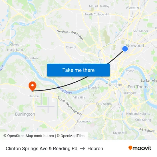Clinton Springs Ave & Reading Rd to Hebron map