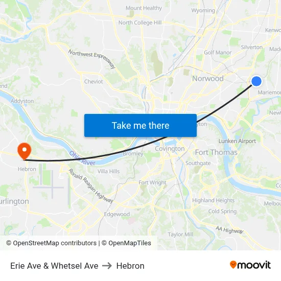 Erie Ave & Whetsel Ave to Hebron map