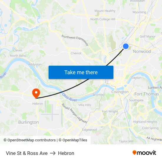 Vine St & Ross Ave to Hebron map