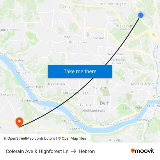Colerain Ave & Highforest Ln to Hebron map