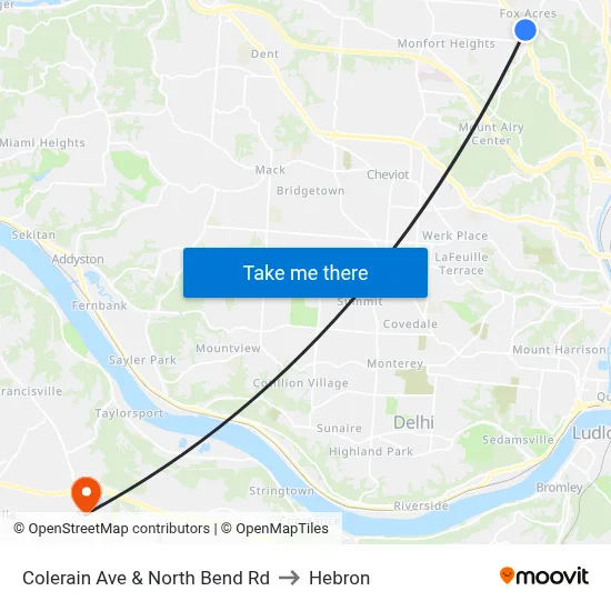 Colerain Ave & North Bend Rd to Hebron map