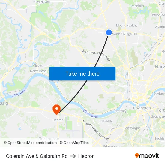 Colerain Ave & Galbraith Rd to Hebron map