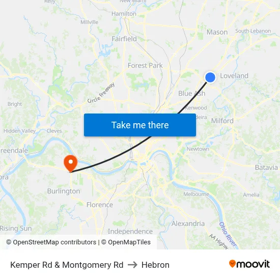 Kemper Rd & Montgomery Rd to Hebron map