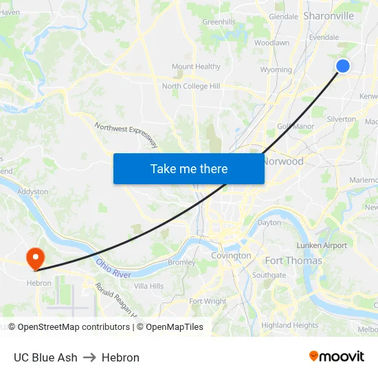 UC Blue Ash to Hebron map