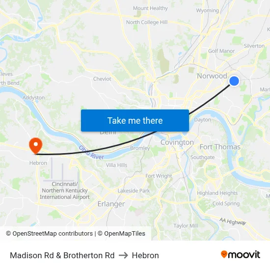 Madison Rd & Brotherton Rd to Hebron map