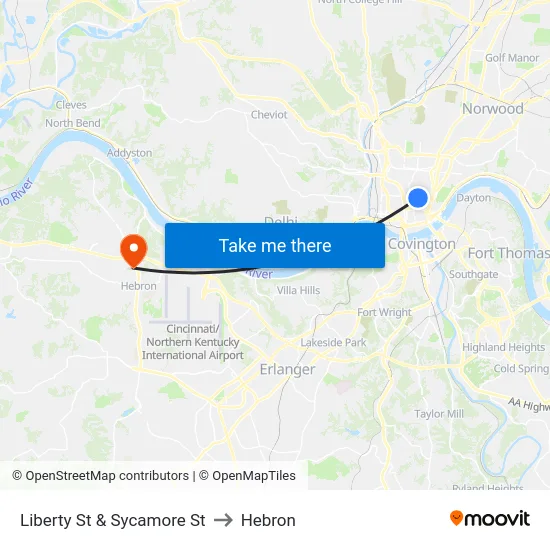 Liberty St & Sycamore St to Hebron map