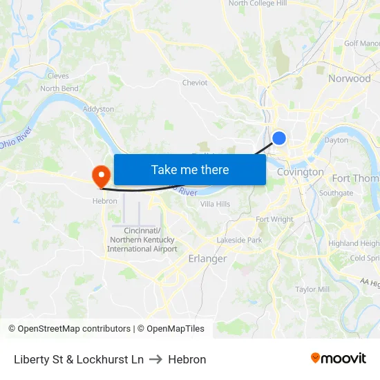 Liberty St & Lockhurst Ln to Hebron map