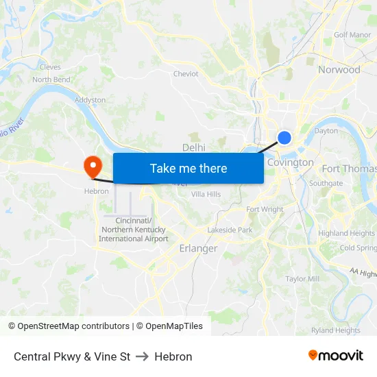 Central Pkwy & Vine St to Hebron map