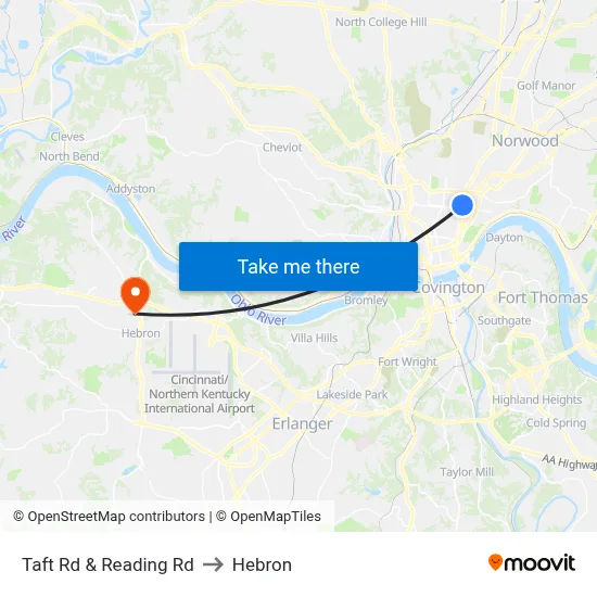 Taft Rd & Reading Rd to Hebron map