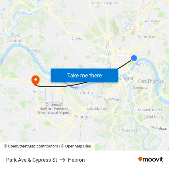Park Ave & Cypress St to Hebron map